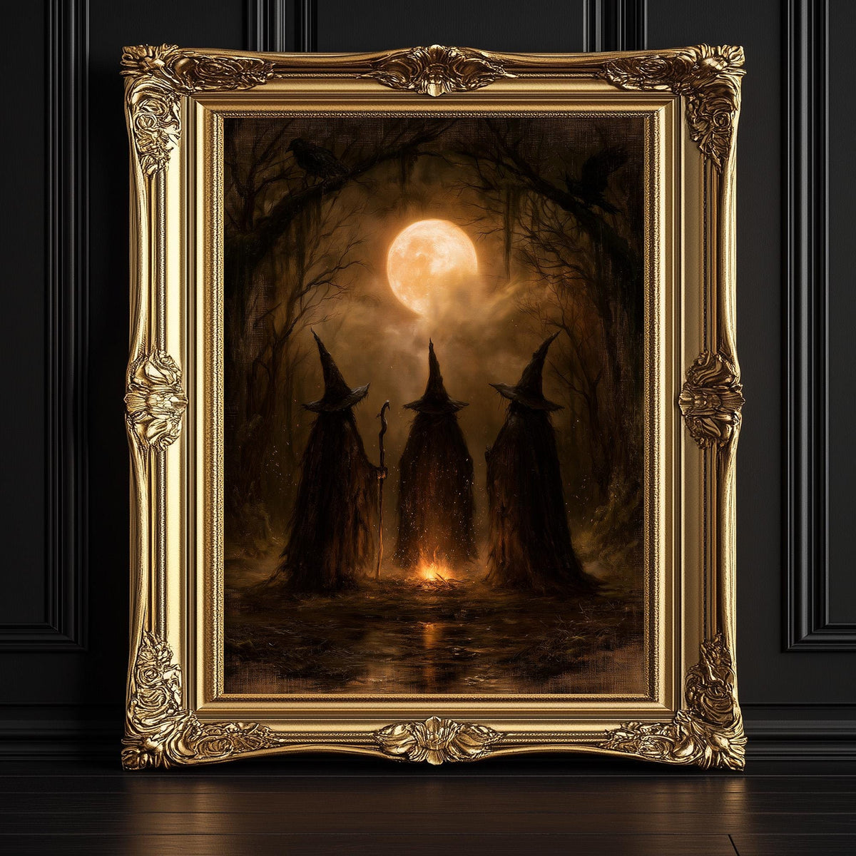 Three witch silhouettes against a glowing full moon in a shadowed wood