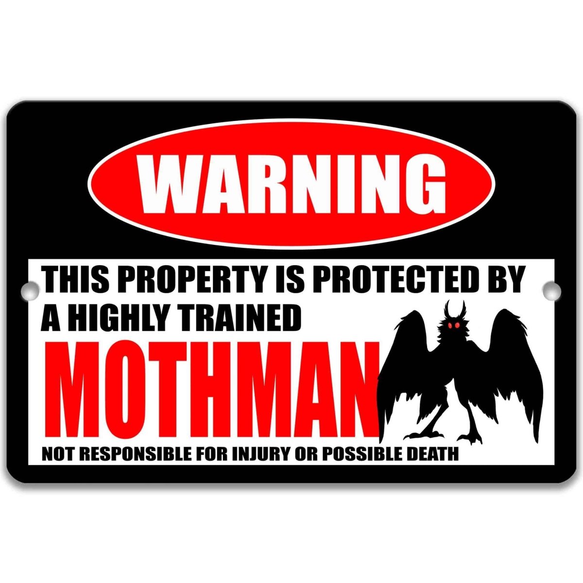 Mothman warning metal sign, glossy black, red WARNING oval and winged Mothman silhouette