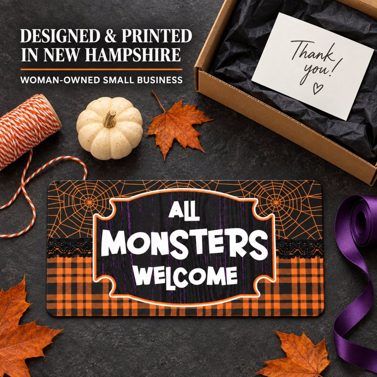 Plaid All Monsters Welcome sign packaged as a gift with a thank you note