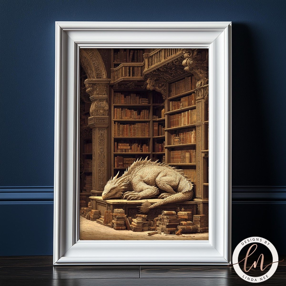 A framed image depicting a large, detailed dragon resting on a stack of books in a library setting.