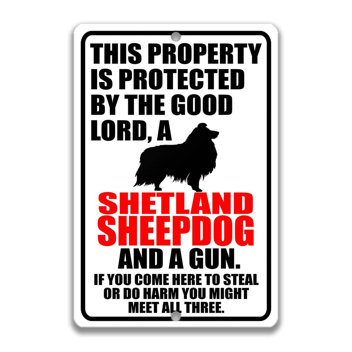a sign with a warning message about a property being protected by a good Lord, a Shetland Sheepdog, and a gun. The sign also includes a cautionary note about potential theft or harm if someone enters the property.
