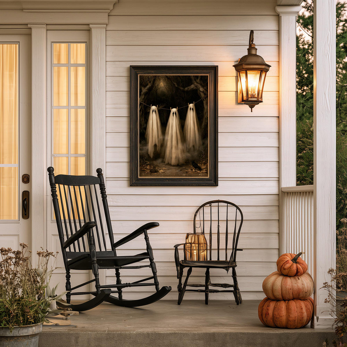 Farmhouse porch with stacked pumpkins, a rocking chair, and the ghost print above
