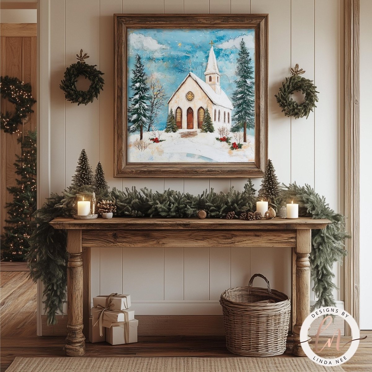 Small cream church with snowy evergreens under a starry blue sky