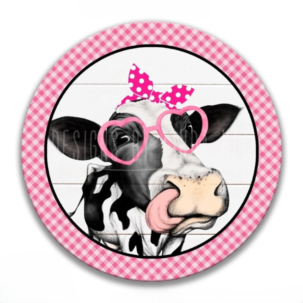 Cute Pink Heifer Sunglasses Wreath round metal sign, pink heifer wearing sunglasses