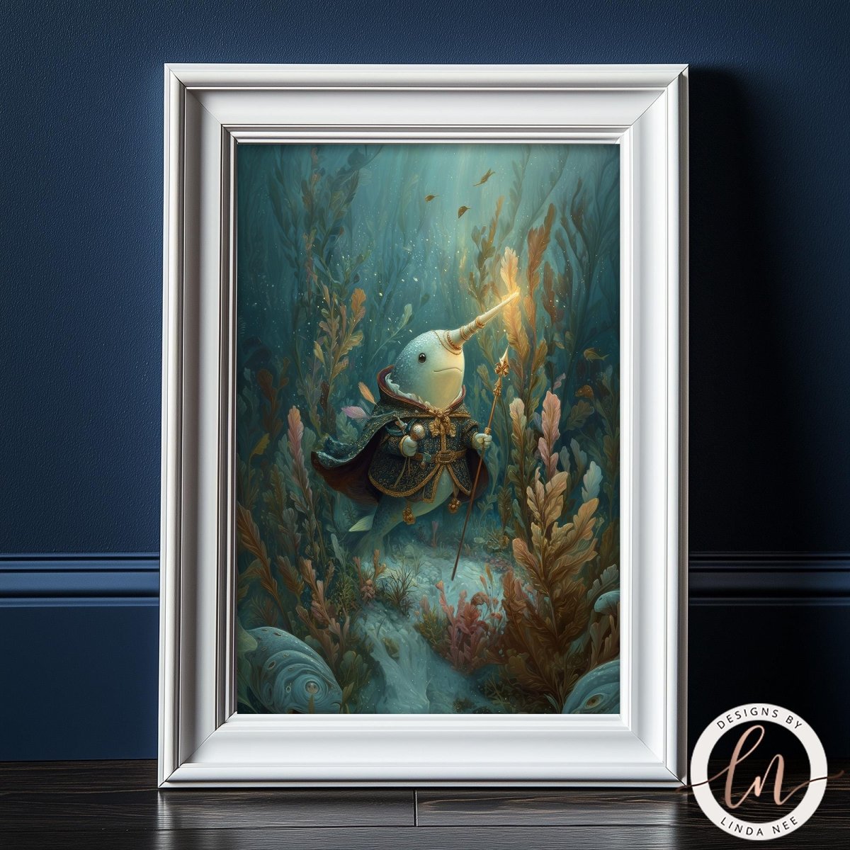 The image is a framed artwork depicting a fantastical underwater scene with a creature resembling a fish or sea creature, surrounded by vibrant marine life and plants.