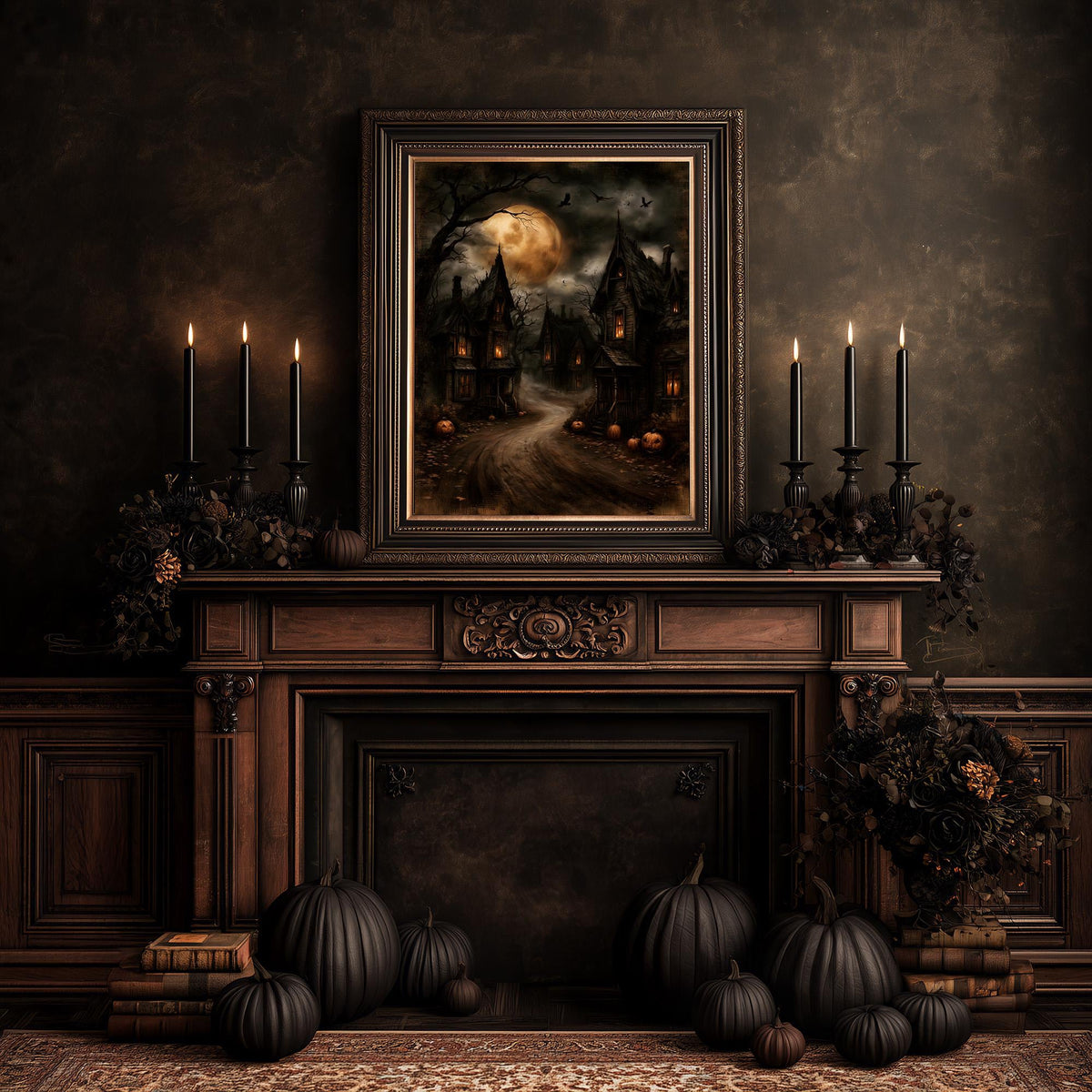 Fireplace dressed with pumpkins and candles beneath the haunted village print