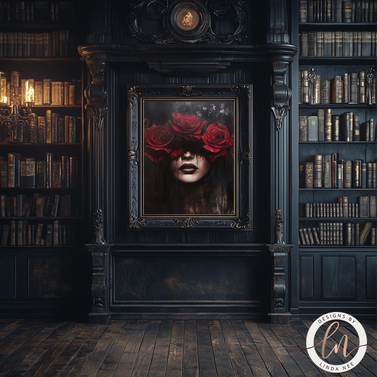 a dark, ornate room with a large, framed painting of a woman's face with red roses covering her eyes. The room is filled with bookshelves, creating a sense of a library or study.