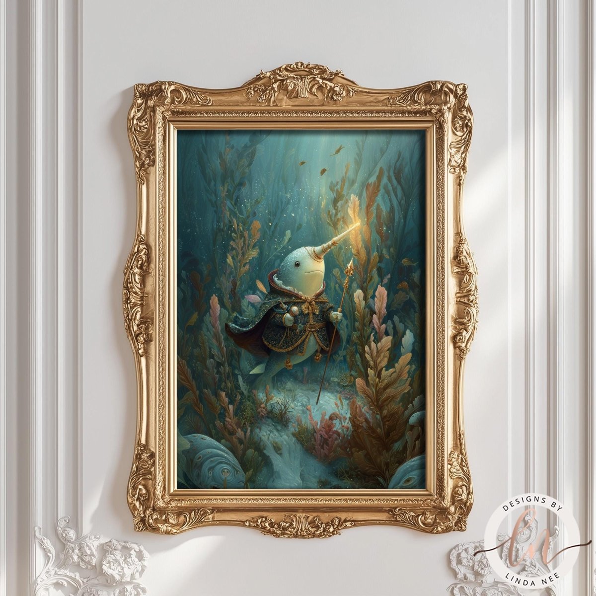The image is a framed painting depicting a fantastical underwater scene with a creature resembling a fish or sea monster, surrounded by vibrant marine life and plants.