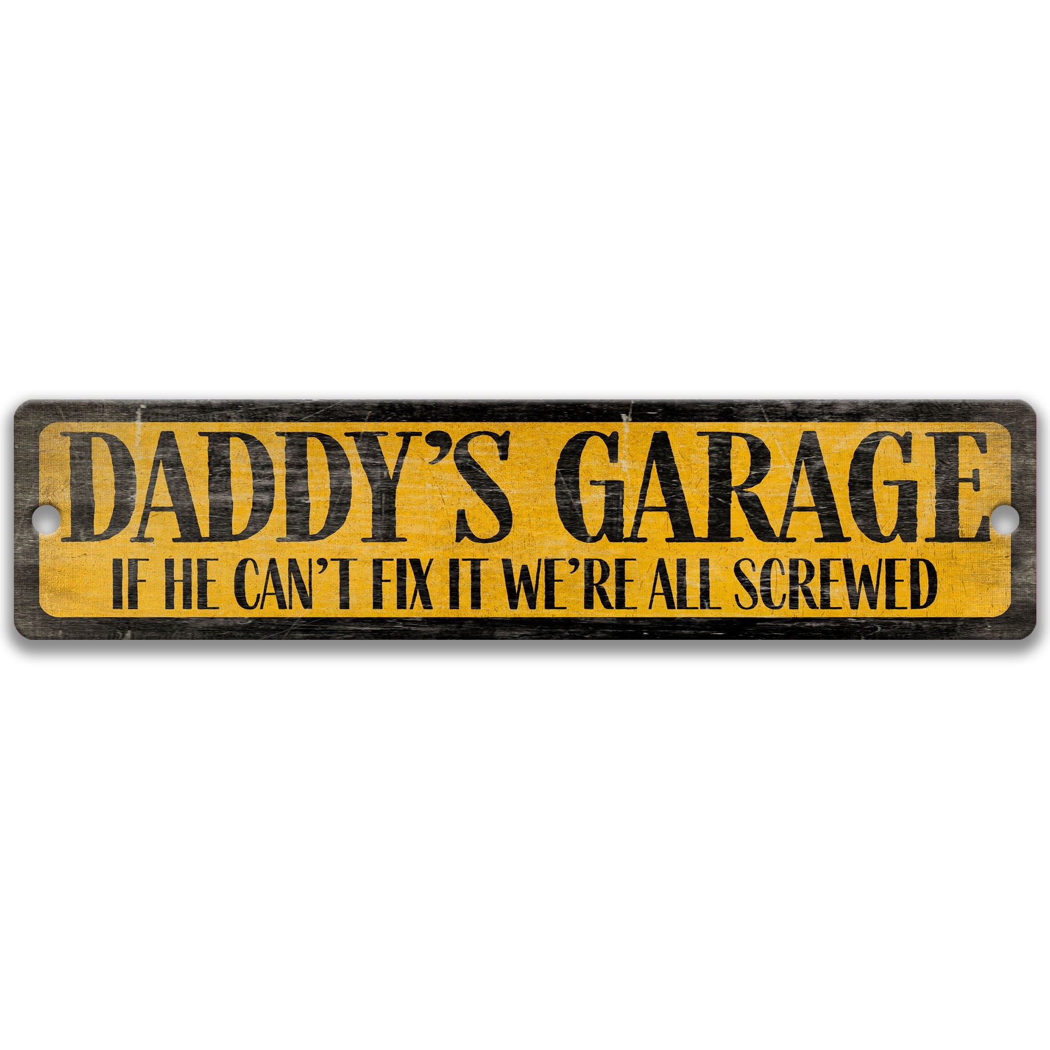a sign with the text "DADDY'S GARAGE" in bold black letters on a yellow background.