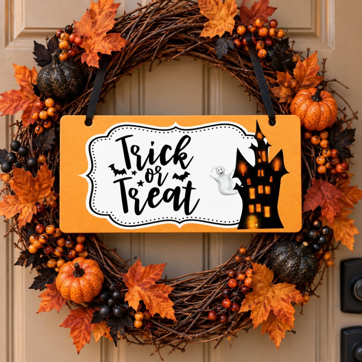Haunted Castle Trick or Treat sign centered in a door wreath