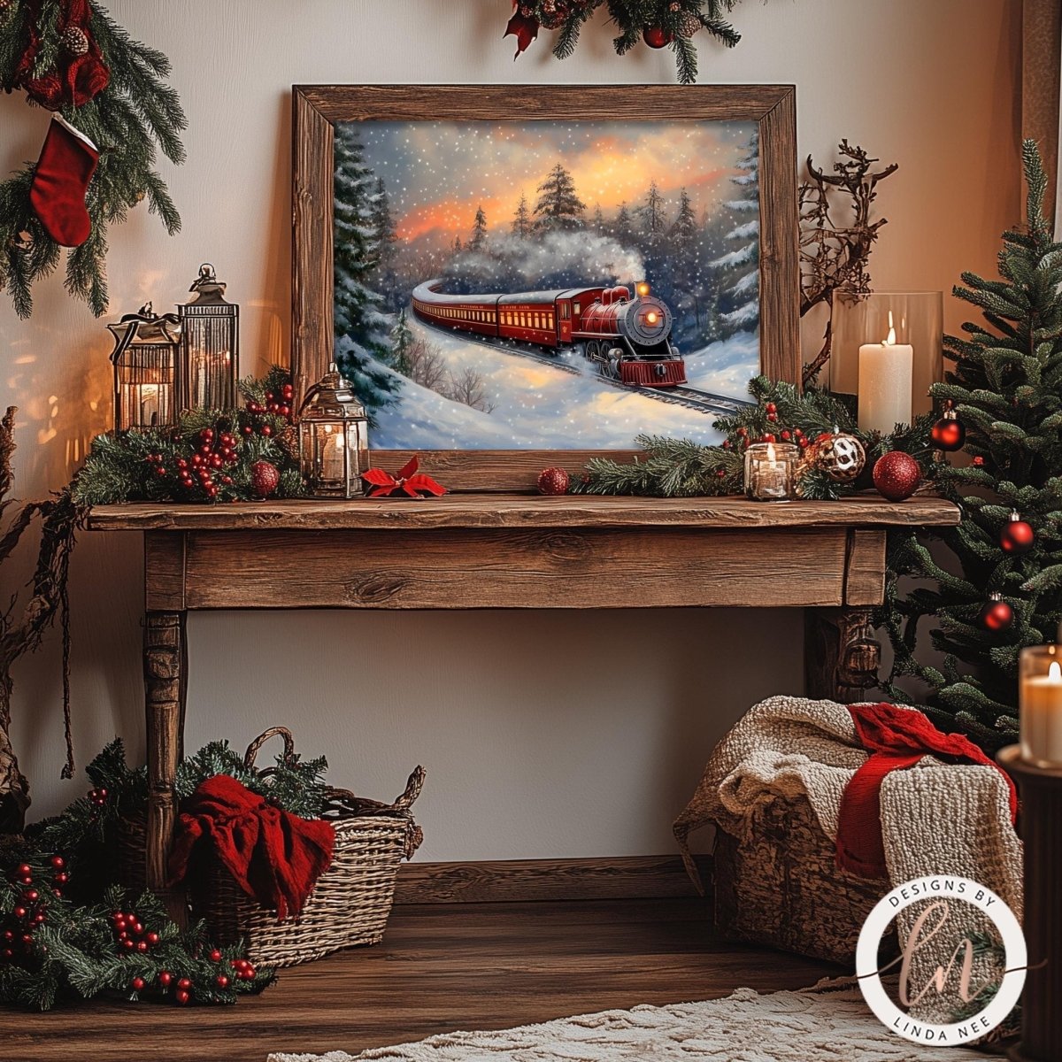 a cozy Christmas scene with a framed painting of a red train traveling through a snowy landscape, surrounded by holiday decorations such as a Christmas tree, stockings, and a wreath.