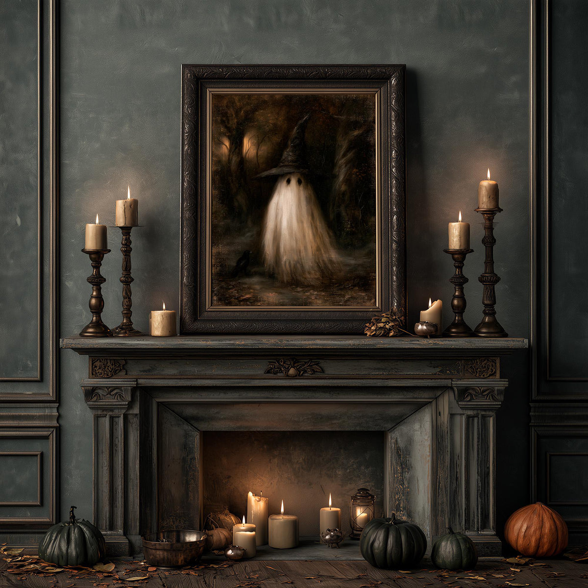 Fireplace styled with candles and pumpkins beneath the gothic ghost wall art
