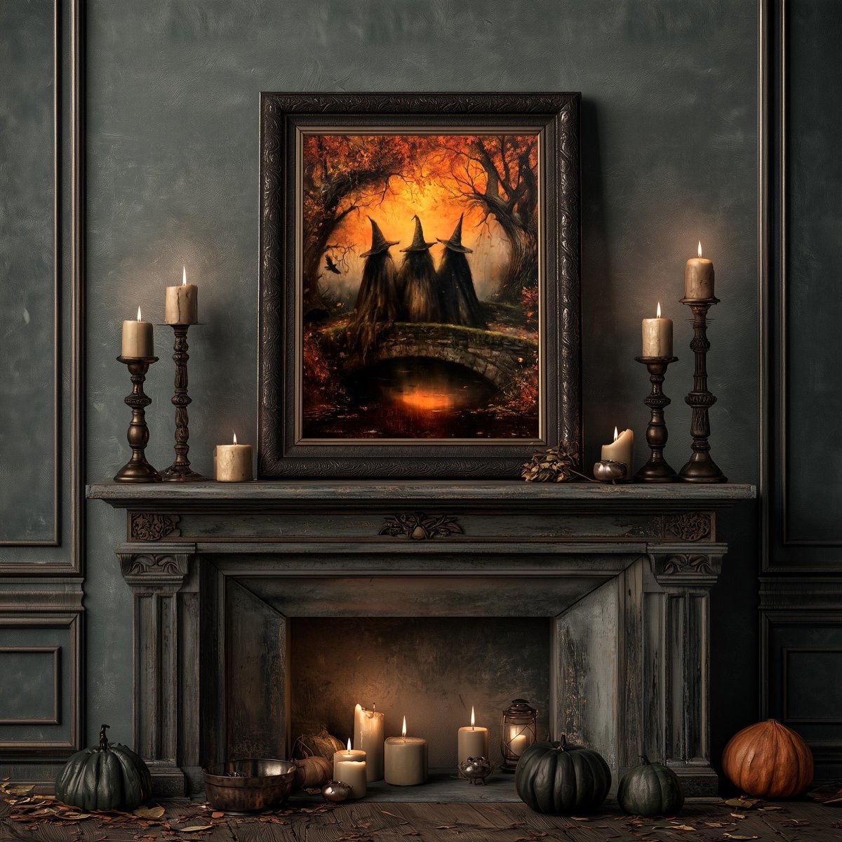 Autumn witches art print above a fireplace with candles and pumpkins