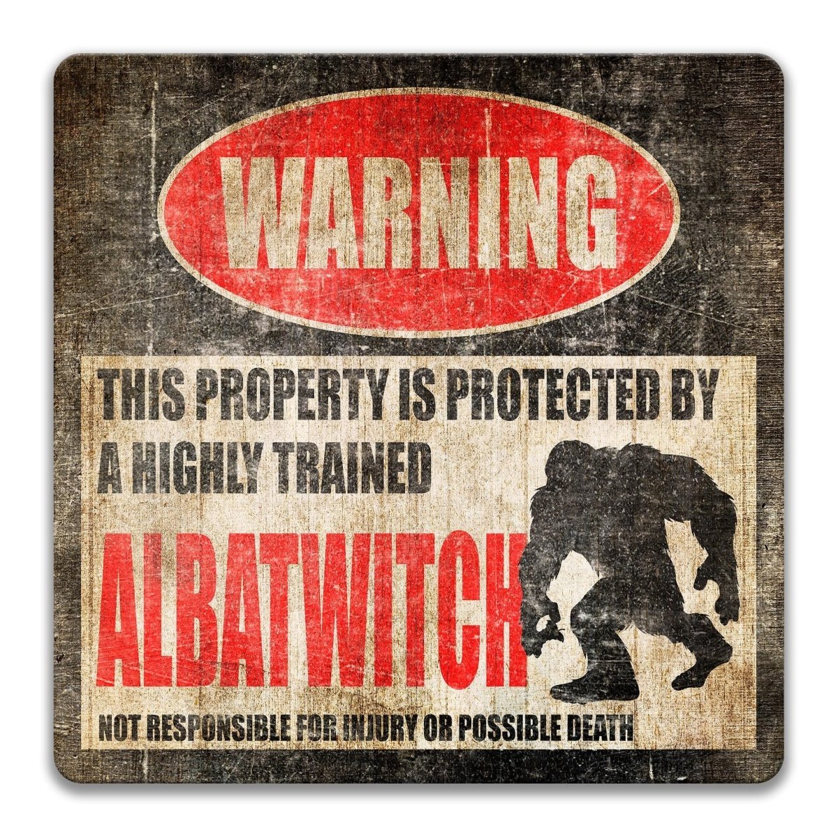 Albatwitch warning sign, red WARNING banner and large Albatwitch cryptid silhouette, funny Albatwitch lover gift, aluminum with rounded corners