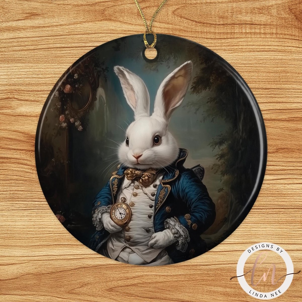 A white rabbit wearing a blue coat and holding a pocket watch is the central focus of the image.