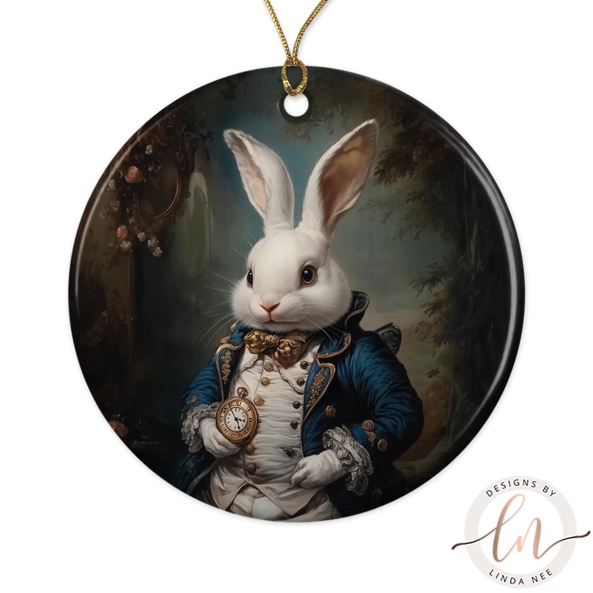 A white rabbit wearing a blue coat and holding a pocket watch is depicted in the image.