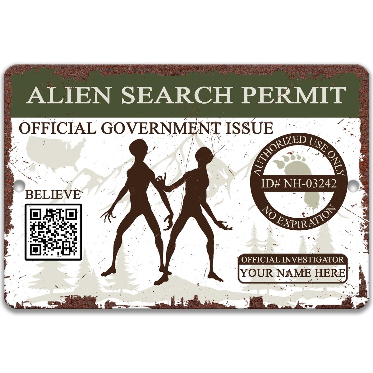 The image is a sign for an Alien Search Permit, which is an official government issue. It features silhouettes of two people and includes a QR code and a barcode.