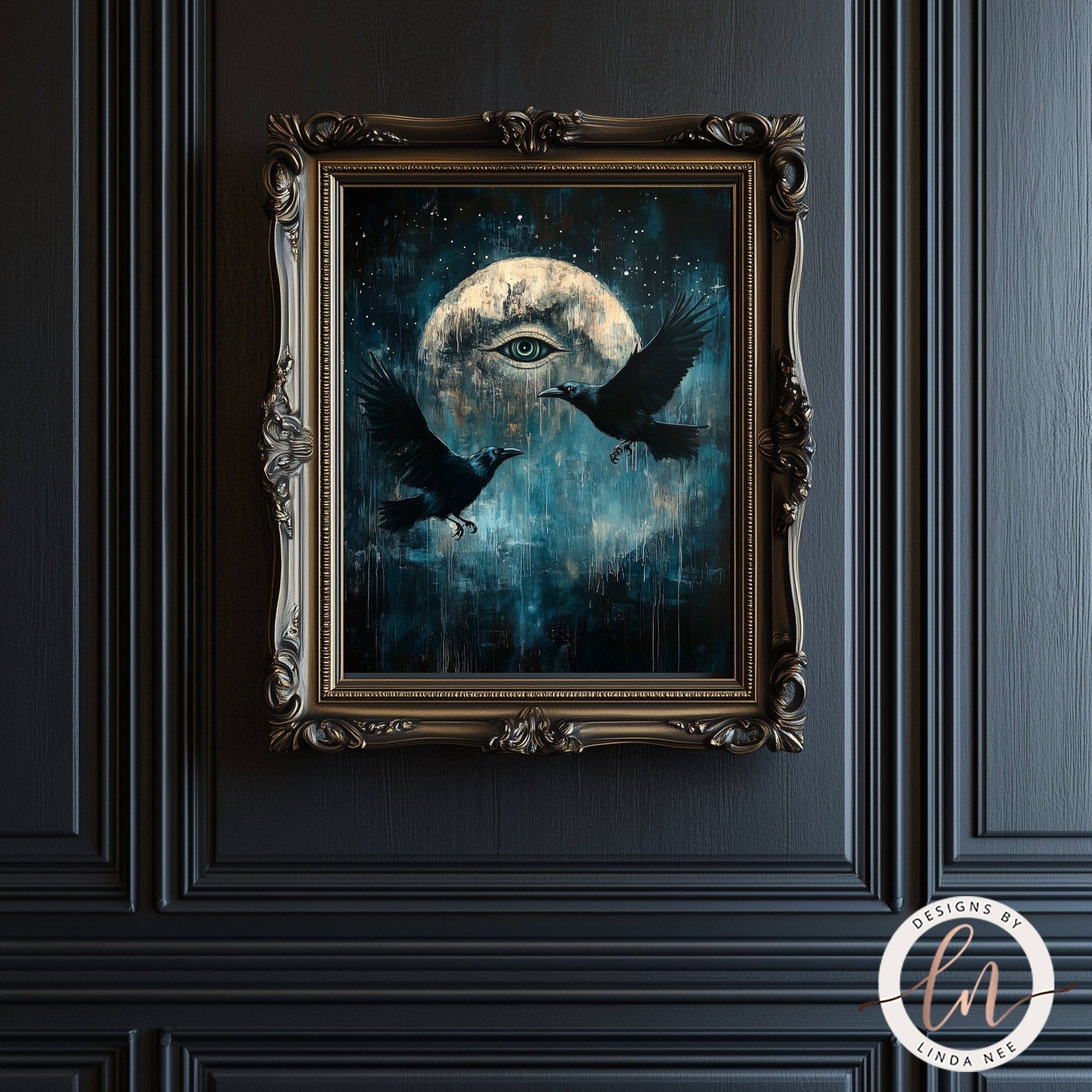 All Seeing Eye Moon with Ravens Wall Art - Metal or Paper