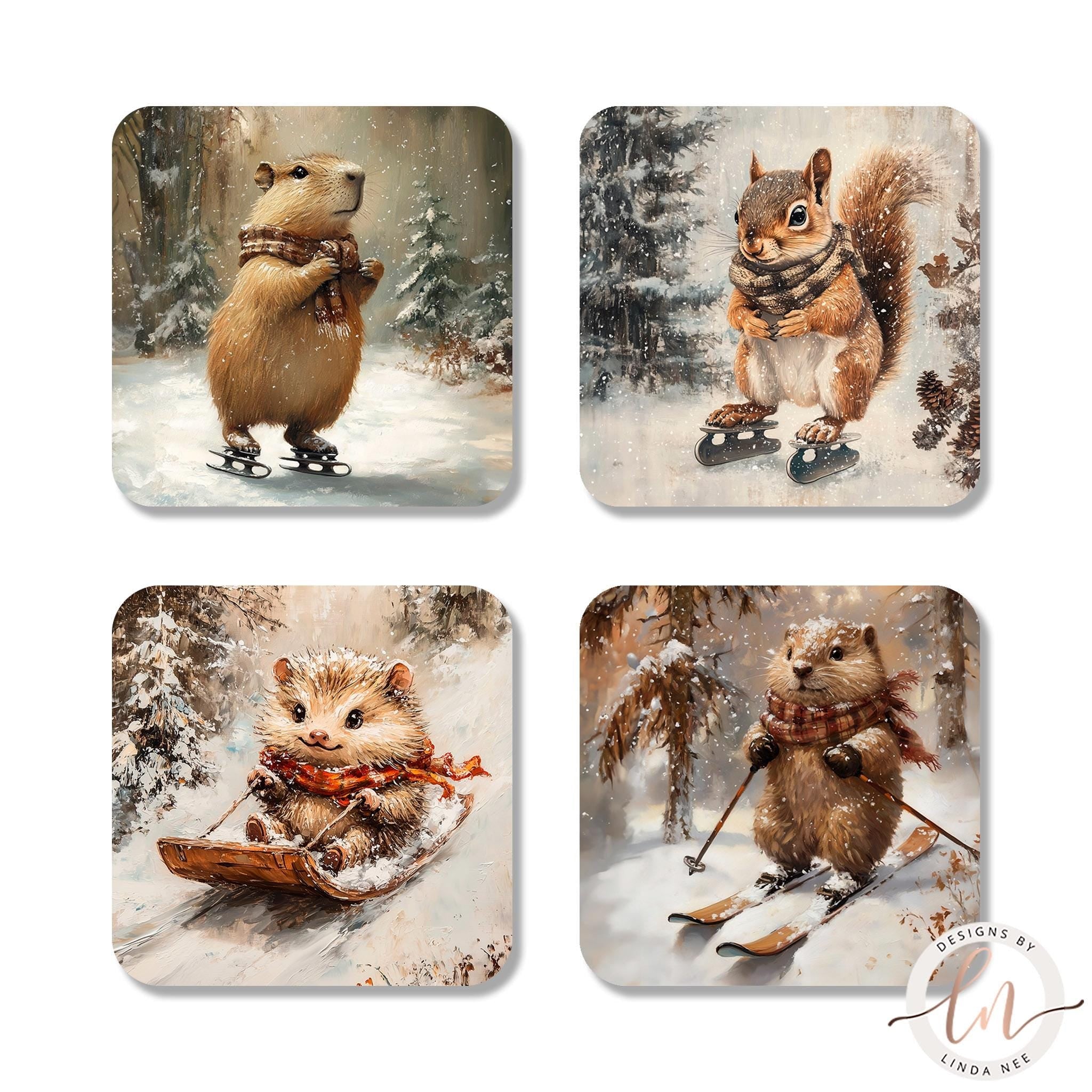 Animal Coasters Set - Capybara & Wildlife Winter Sports Gift