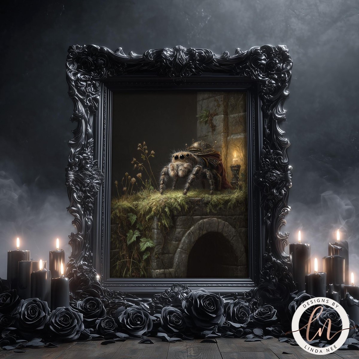 a painting of a spider in a black frame, surrounded by candles and roses, creating a dark and mysterious atmosphere.
