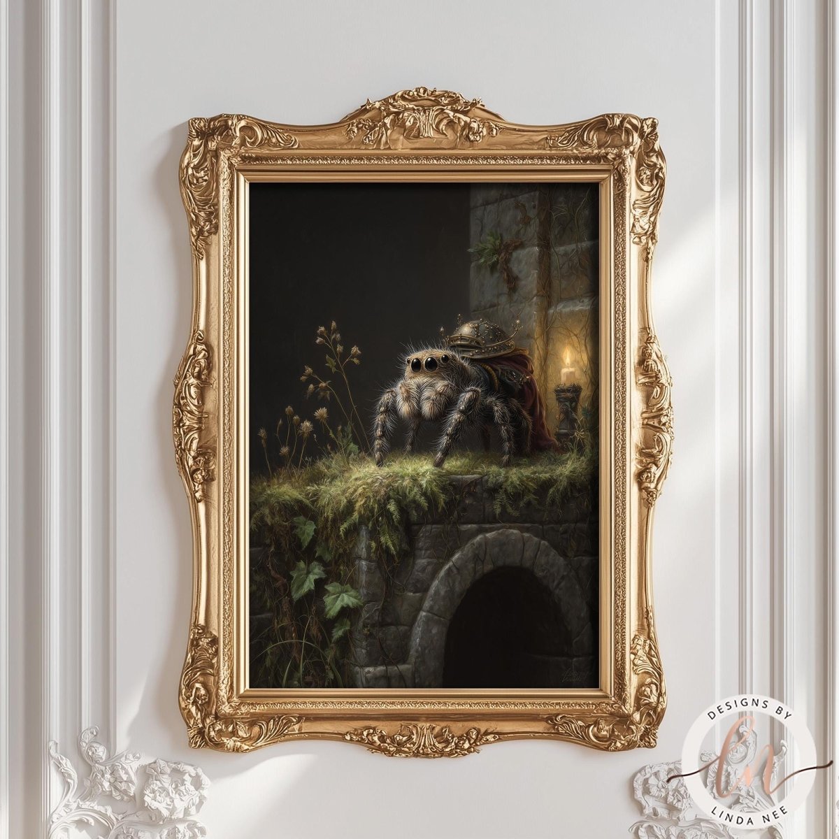 The image is a painting of a spider sitting on a stone wall, with a castle visible in the background.