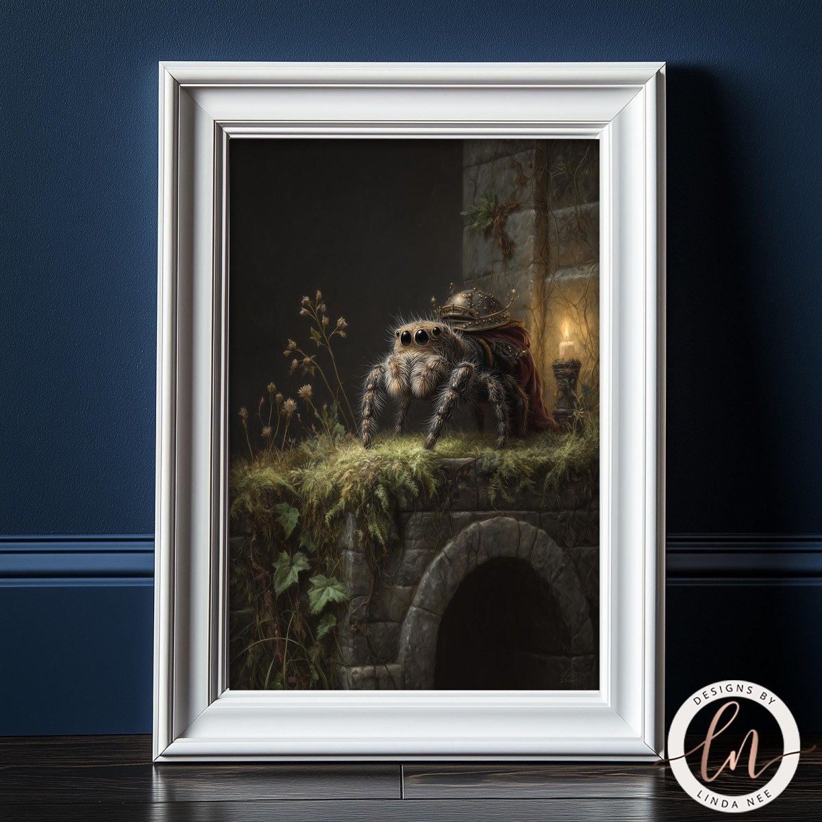 A framed painting depicting a spider on a stone wall, with a small archway and greenery in the background.