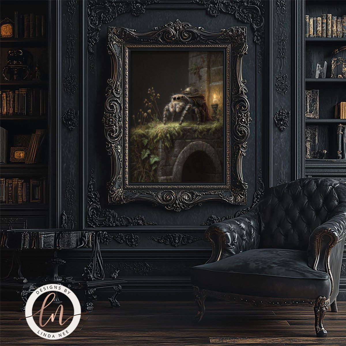 a dark, ornate room with a large, ornate painting of a spider on a stone wall. The room has a black leather chair and a bookshelf filled with books. The overall atmosphere of the room is dark and mysterious, with the painting adding an element of intrigue and fascination.