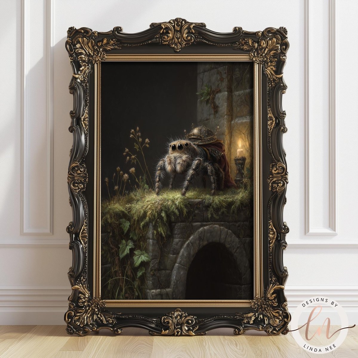 The image is a painting of a spider sitting on a stone wall, with a stone archway and greenery in the background.