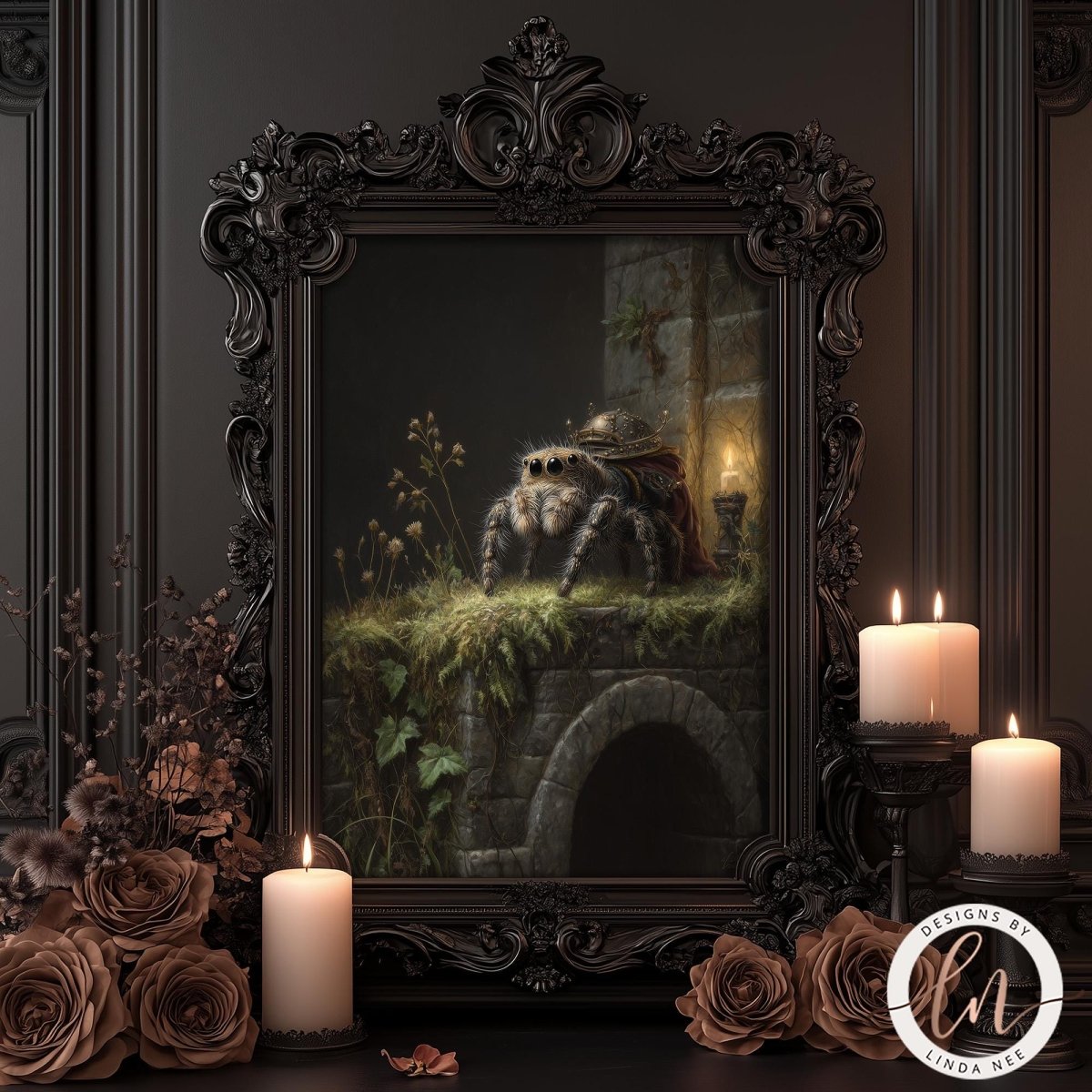 a painting of a spider sitting on a stone wall, surrounded by candles and flowers.
