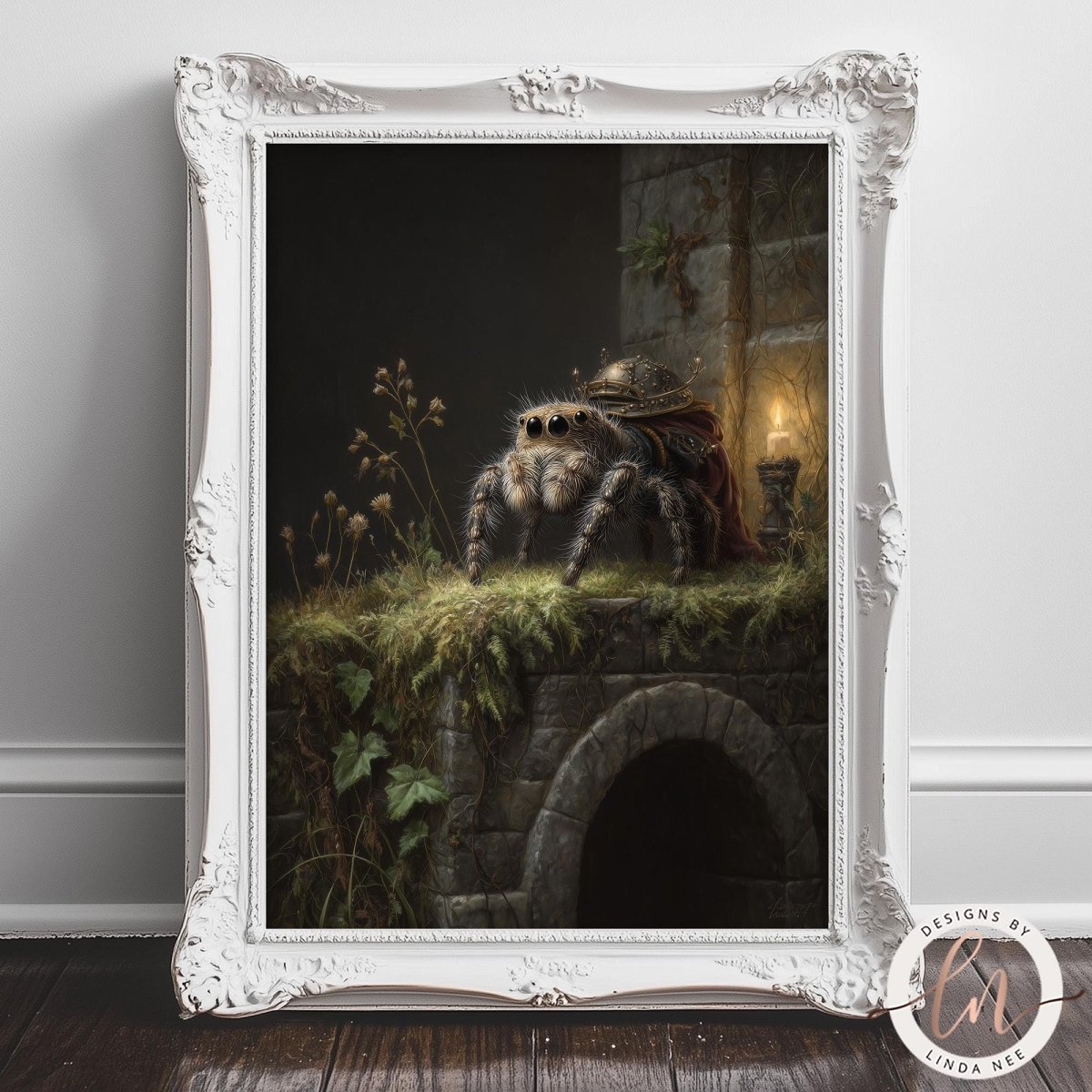 A framed painting depicting a large spider with a red and black striped pattern sitting on a stone ledge, with a stone archway and greenery in the background.