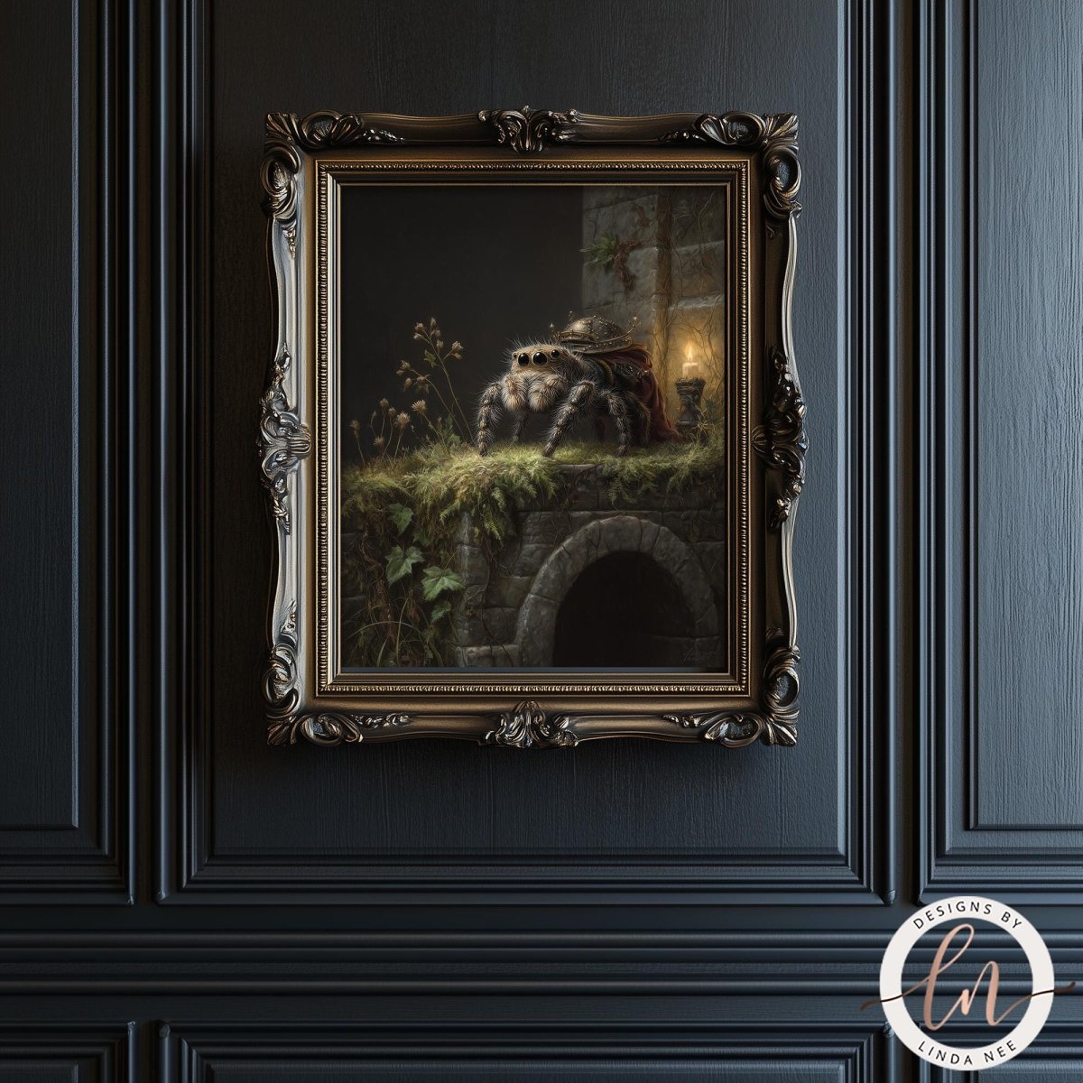 a painting of a spider on a stone wall, with a small archway in the background.