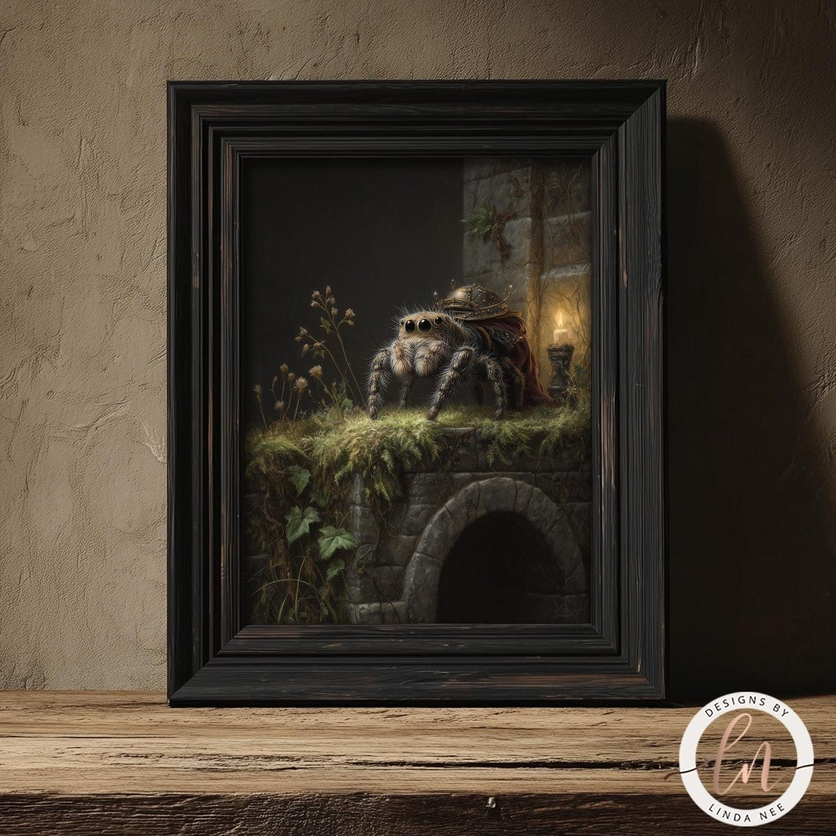 A close-up fine art portrait of a large, fuzzy jumping spider wearing ornate brass armor and a red cloak. The spider sits on a mossy stone wall next to a lit candle. The background is dark and moody, suggesting an ancient stone archway.