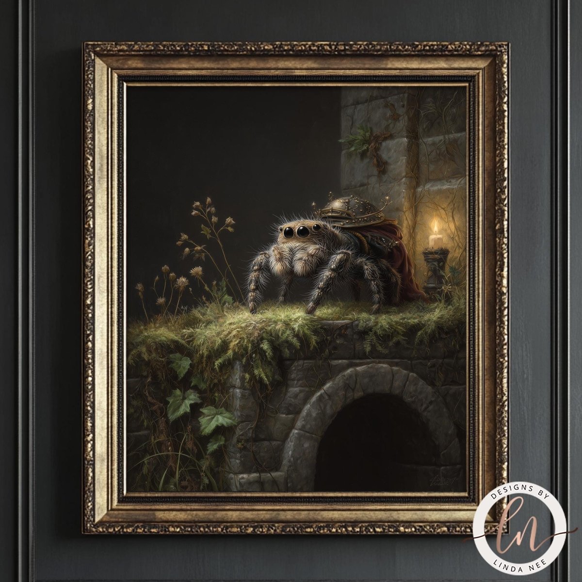 A close-up fine art portrait of a large, fuzzy jumping spider wearing ornate brass armor and a red cloak. The spider sits on a mossy stone wall next to a lit candle. The background is dark and moody, suggesting an ancient stone archway.
