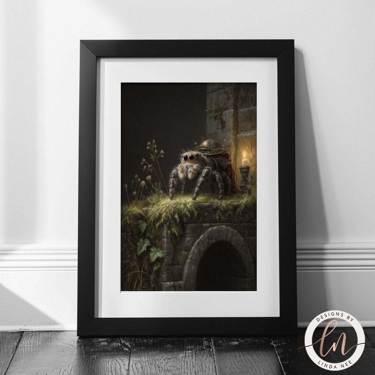 A framed painting depicting a large spider sitting on a stone ledge, with a stone archway and greenery in the background.
