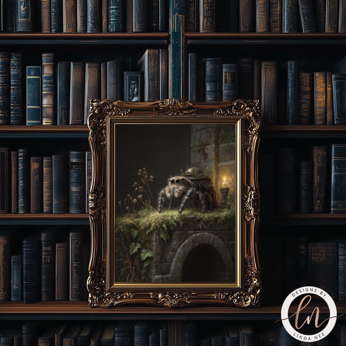 a painting of a spider sitting on a stone wall, surrounded by bookshelves filled with books.