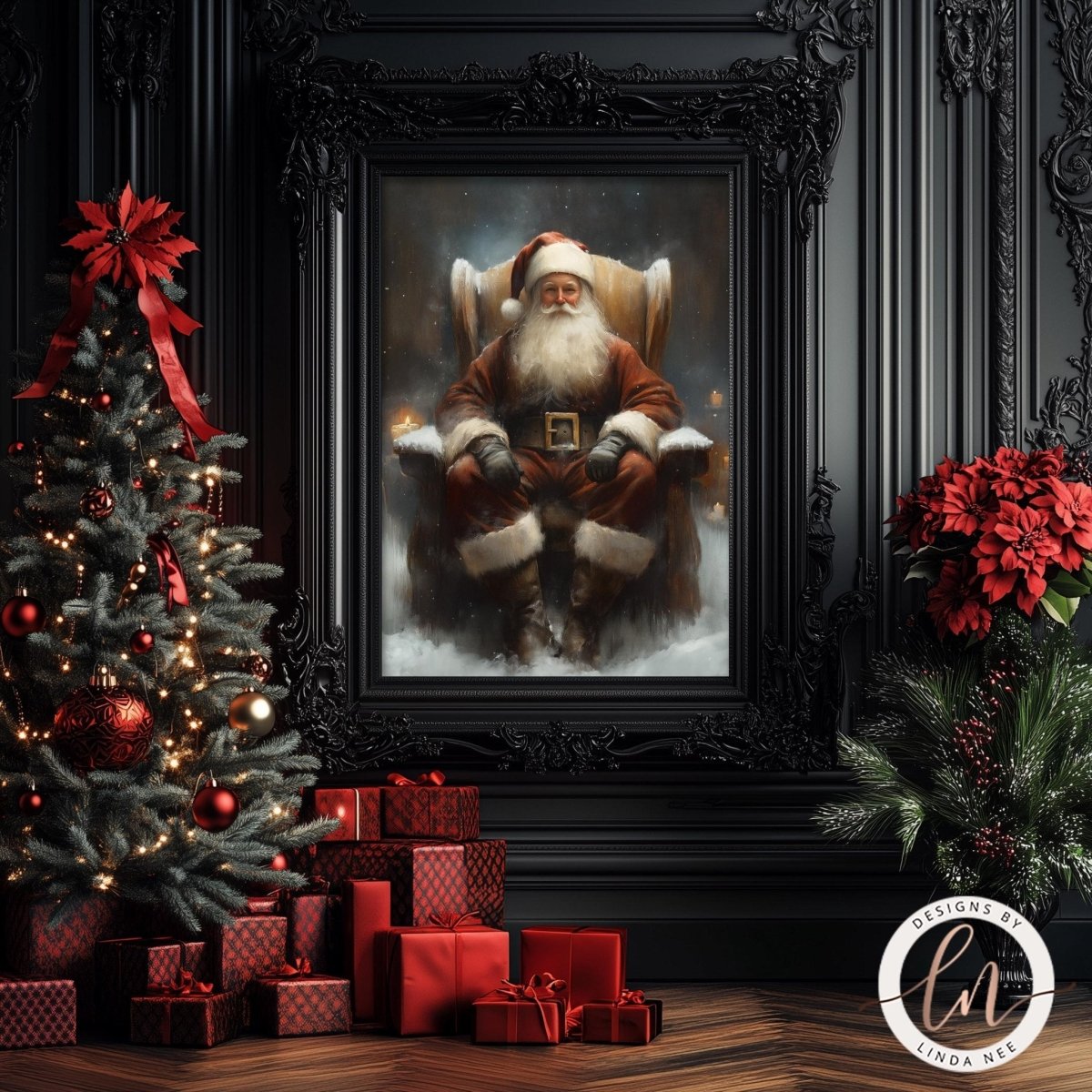 Vintage Santa art print shown beside a decorated Christmas tree and holiday gifts