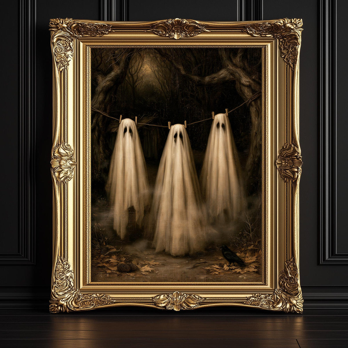 Three ghosts in flowing white robes pegged to a line in a dark misty forest