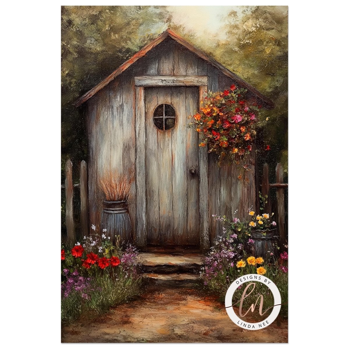 Rustic wooden shed with a round window surrounded by flowers