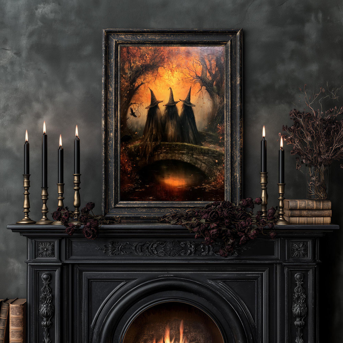 Ornate dark fireplace ringed with candles under the three witches bridge artwork