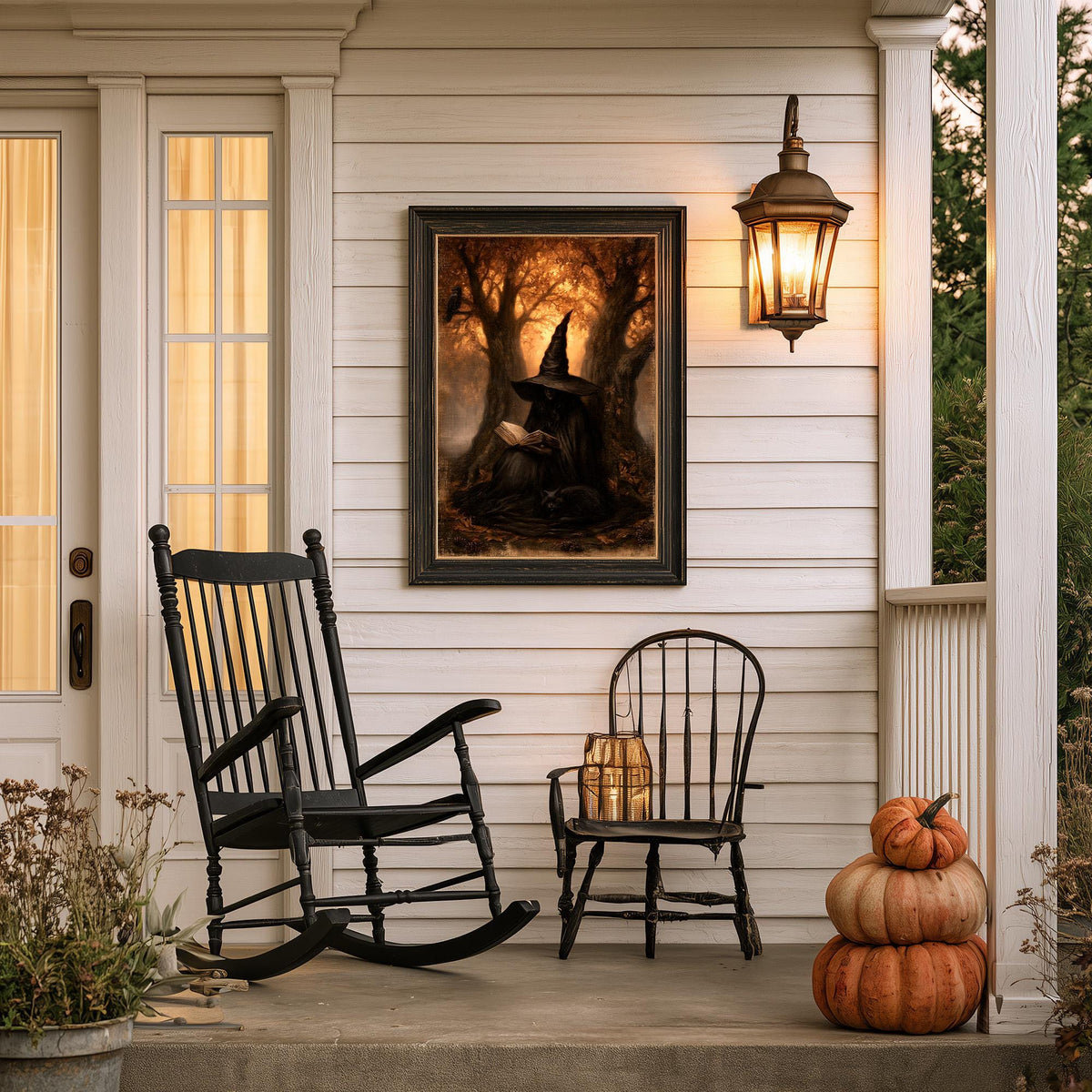 Covered porch with stacked pumpkins, a rocking chair, and the witch print above