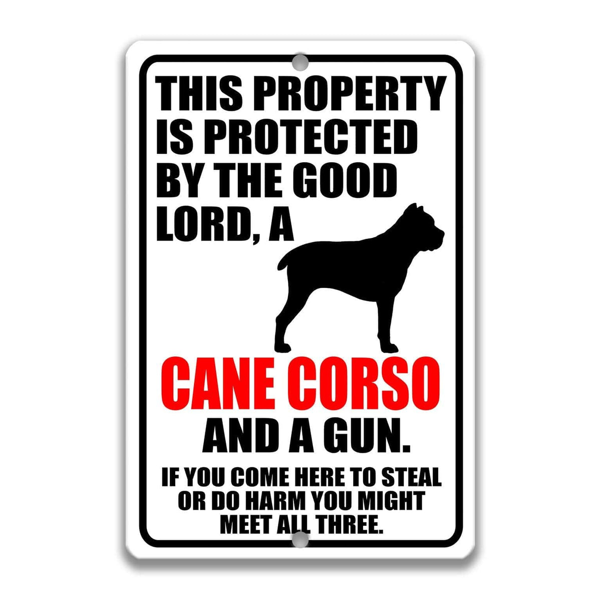 a sign that reads "This property is protected by the good Lord, a Cane Corso and a gun. If you come here to steal or do harm you might meet all three."