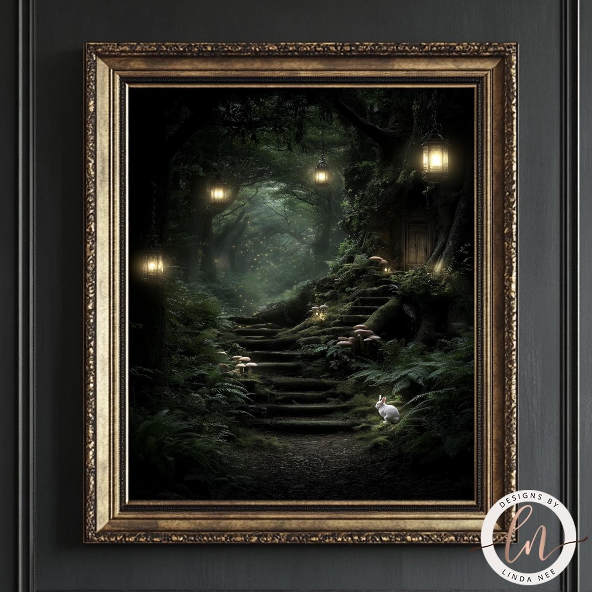 A framed image depicting a serene forest scene with a winding path leading up to a small wooden cabin, surrounded by lush greenery and illuminated by lanterns hanging from the trees.
