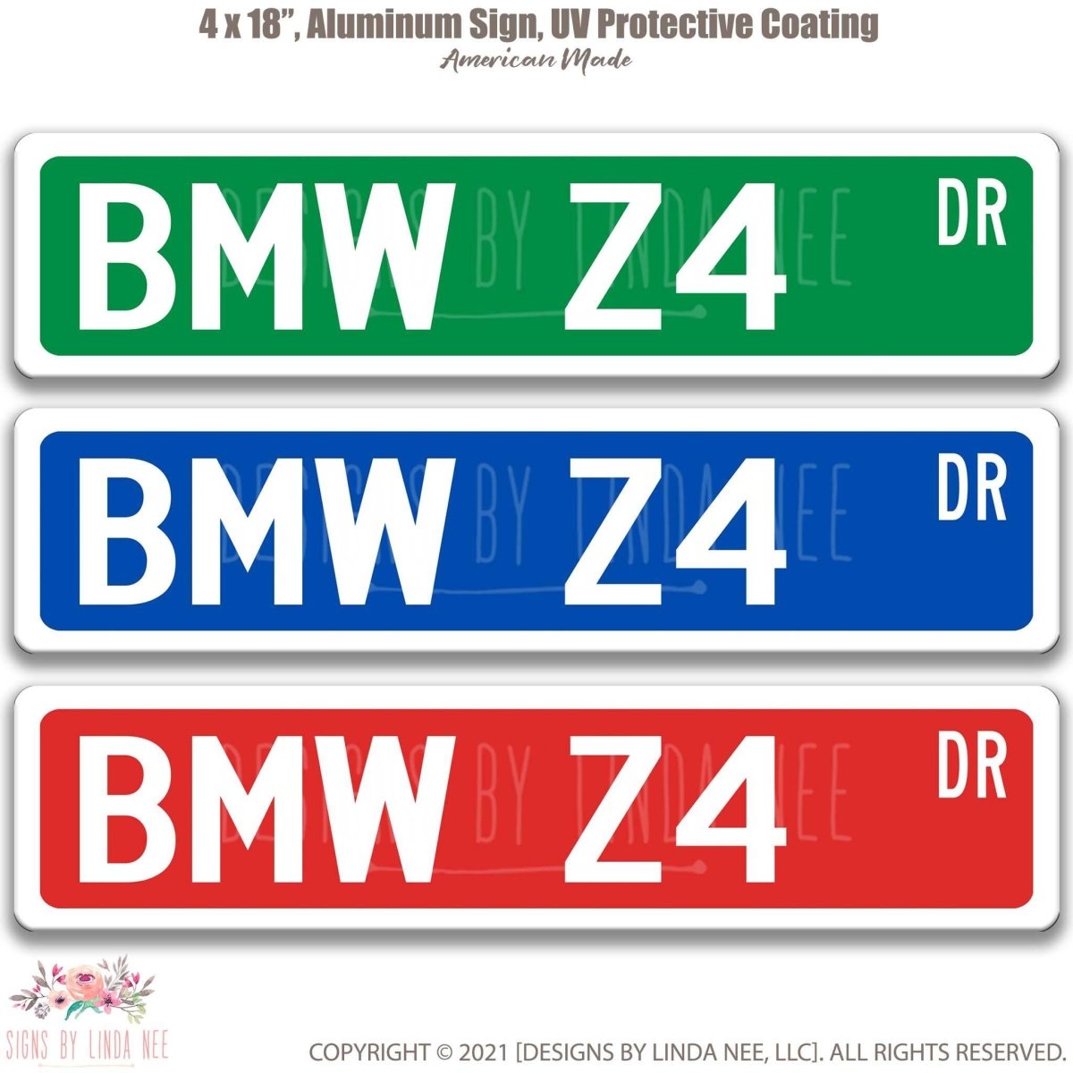 BMW Z4 DR street name sign shown in three aluminum color options