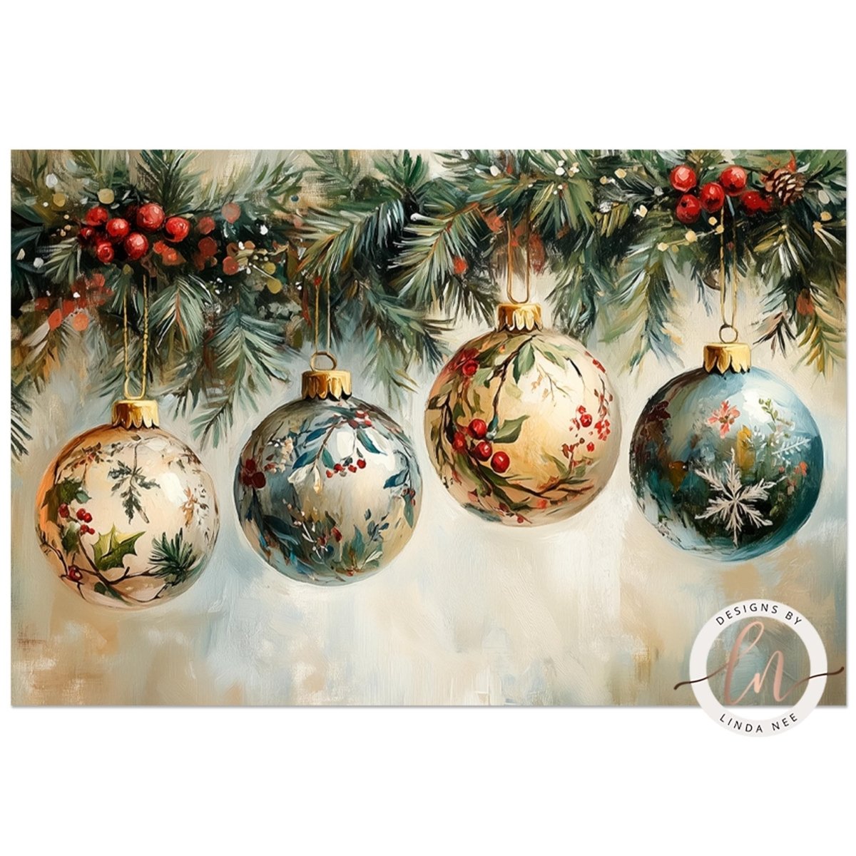 Vintage Christmas ornaments on greenery with red berries, close still life