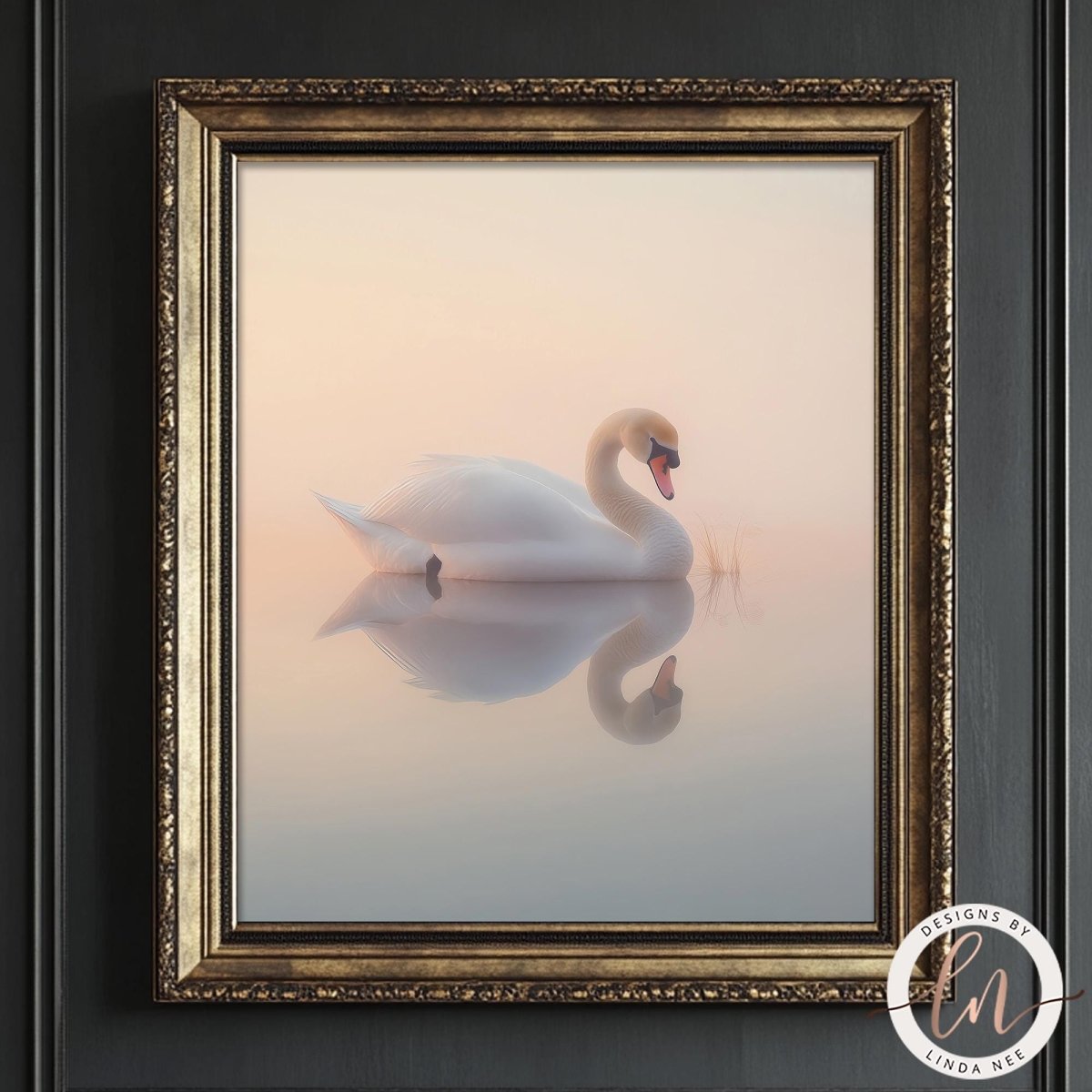 A white swan gracefully floating on a calm body of water, its reflection perfectly mirrored in the still surface.