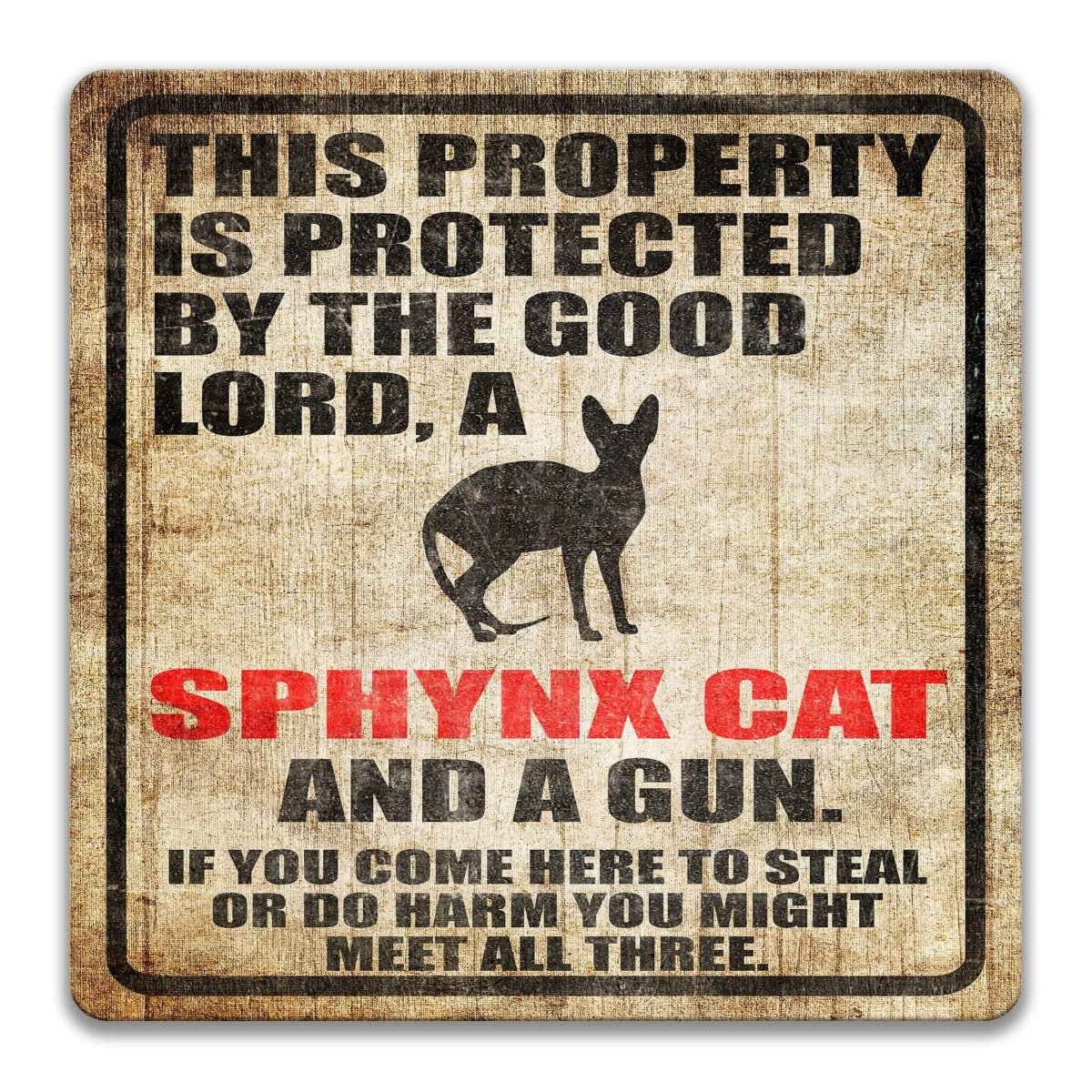 The image is a sign that reads "This property is protected by the good Lord, a Sphyynx cat and a gun. If you come here to steal or do harm, you might meet all three."
