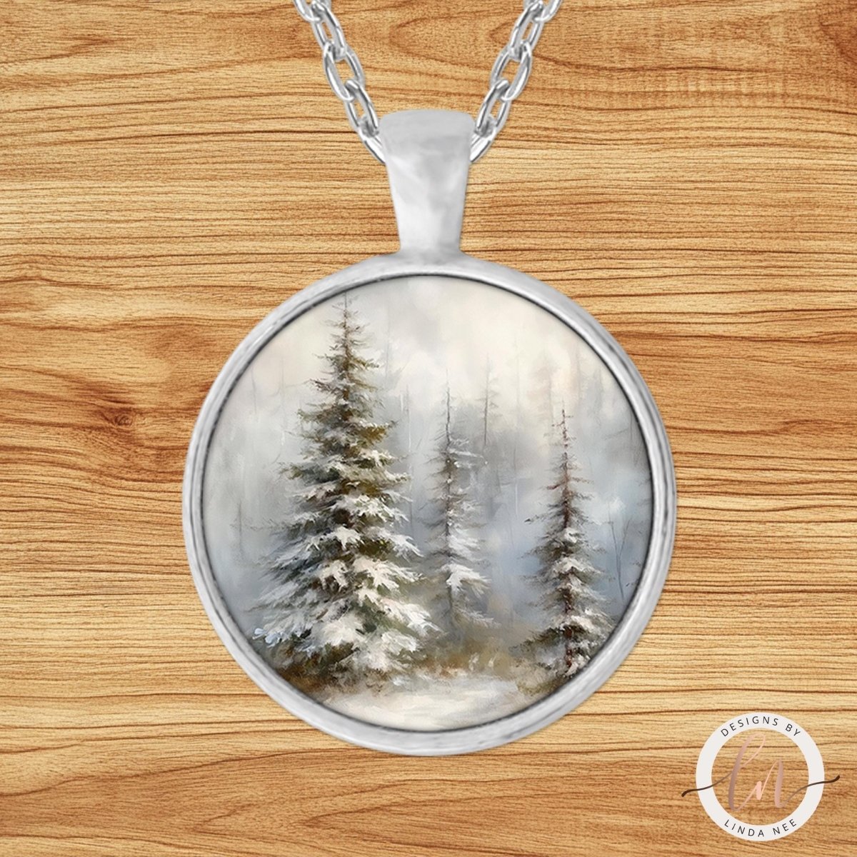 Misty Winter Pine Trees Pendant Necklace