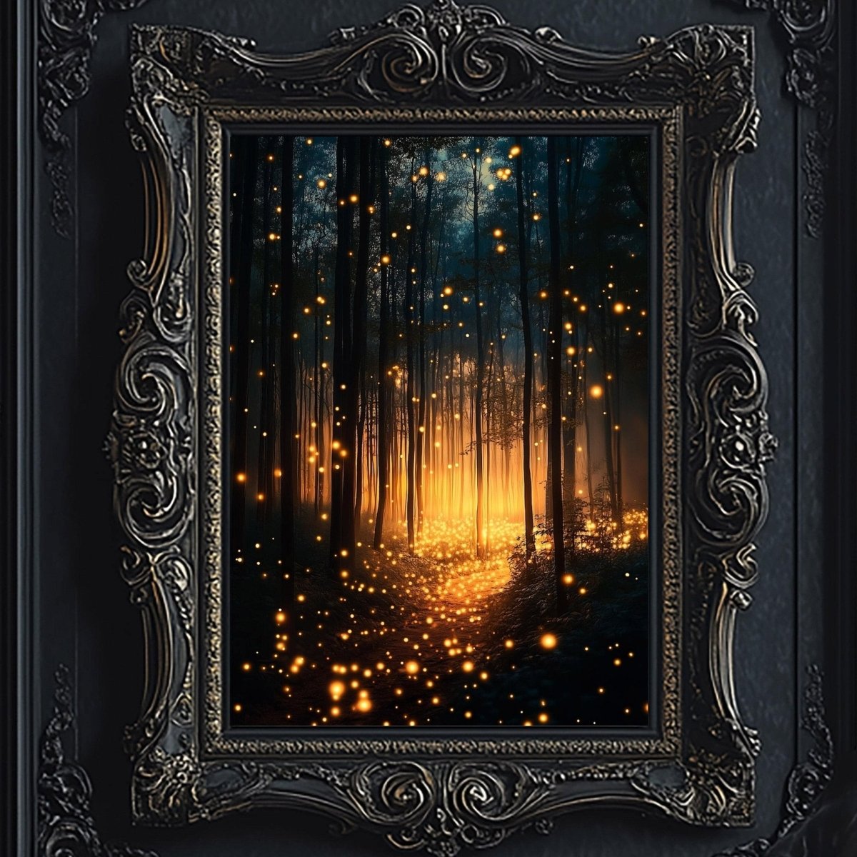 The image is a framed photograph of a forest at night, with a glowing path leading through the trees and a mesmerizing display of lights in the background.