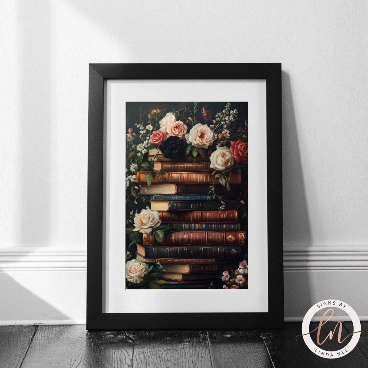 Books with floral arrangement print placed on a white wall