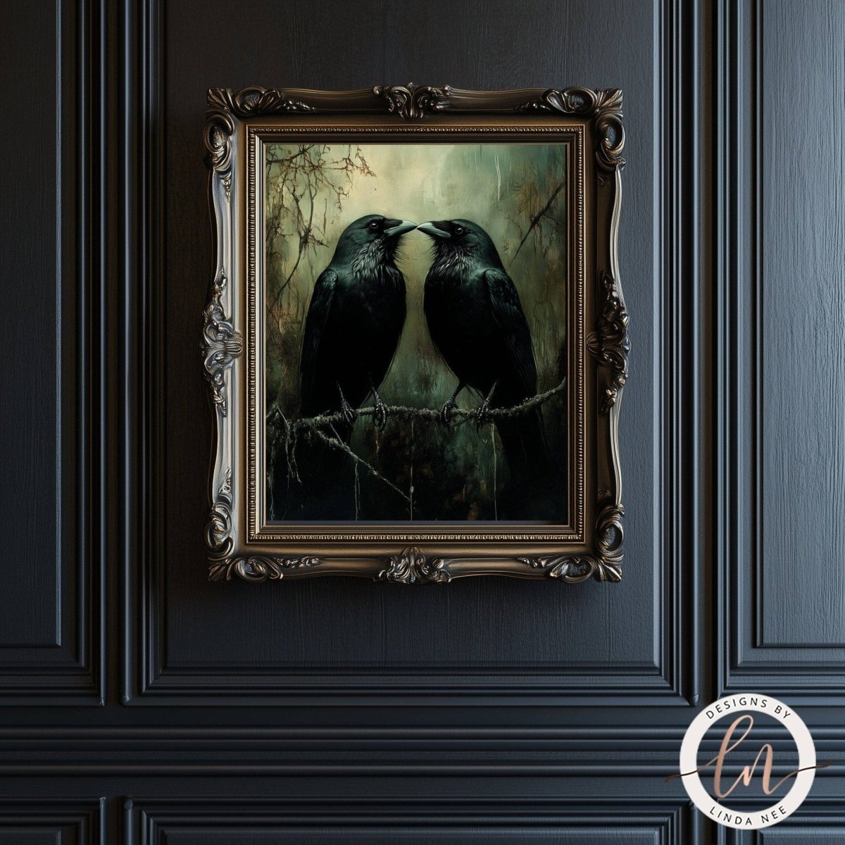 Two ravens touching beaks artwork in an ornate gold frame